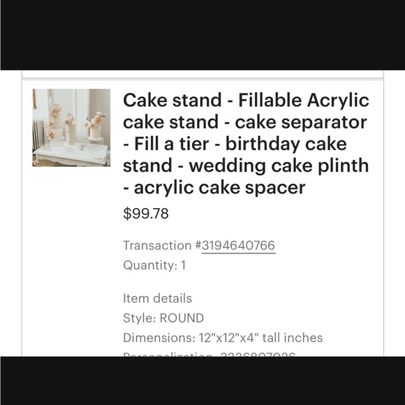 One (1) ROUND Cake stand - Fillable Acrylic cake stand - Picture 2 of 7